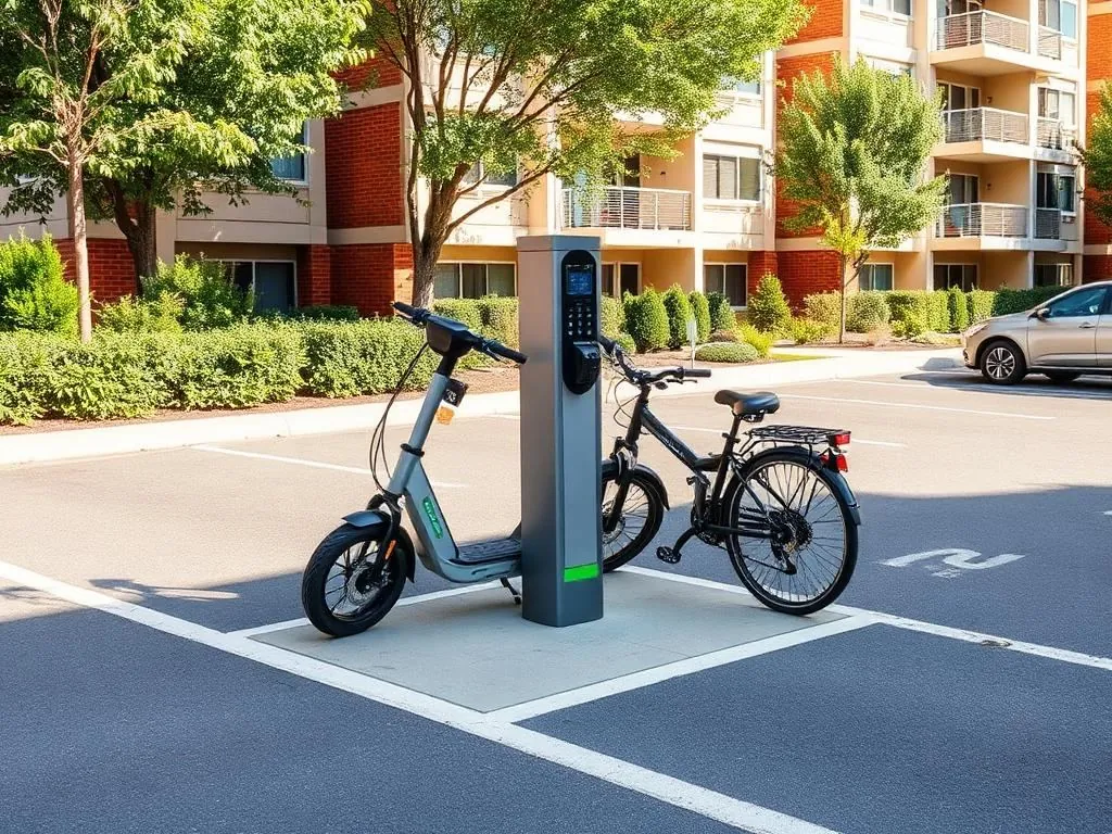 Electric scooter charging point at the building parking