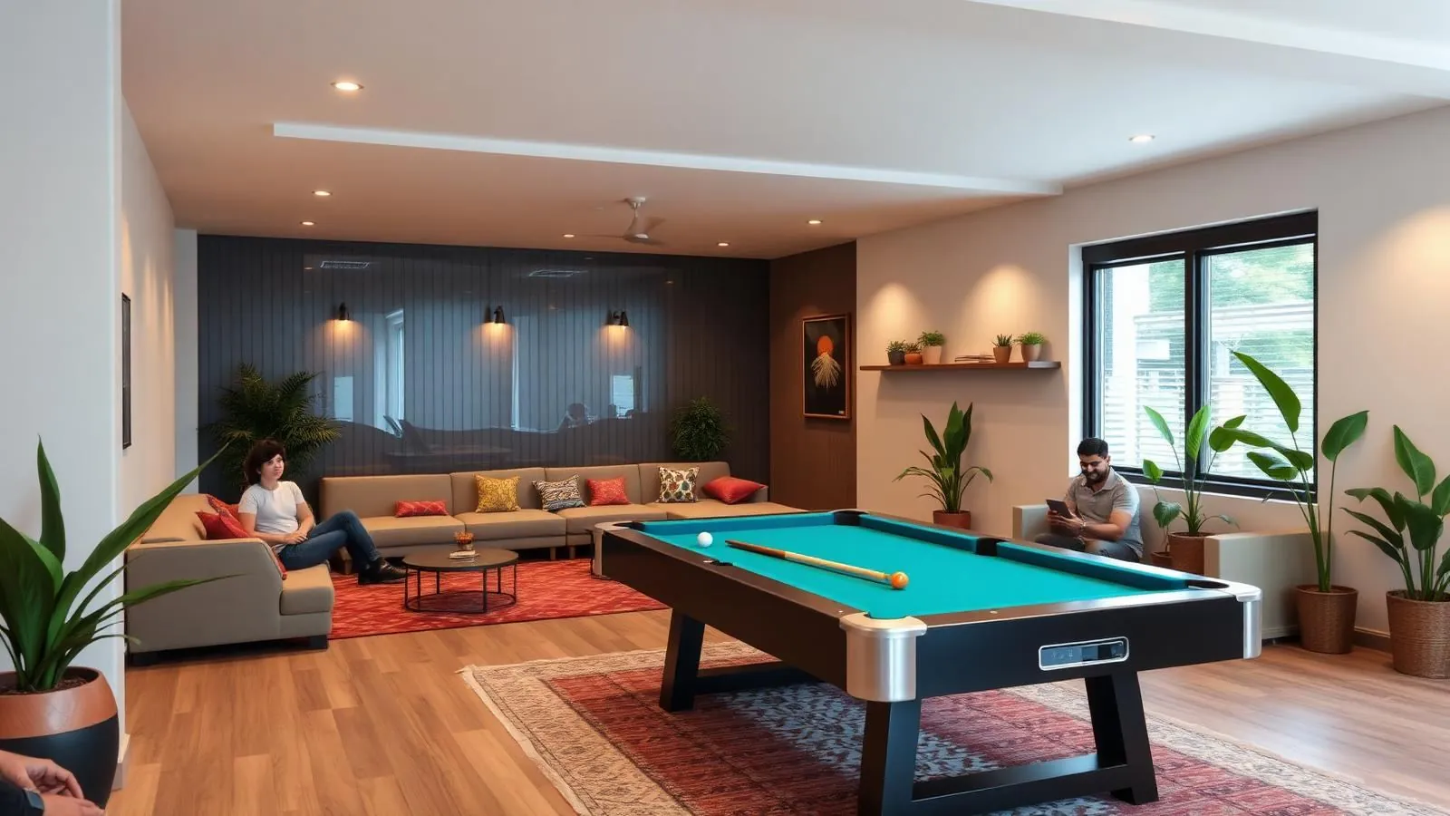 Common lounge with pool table at Shukarana Stays co-living