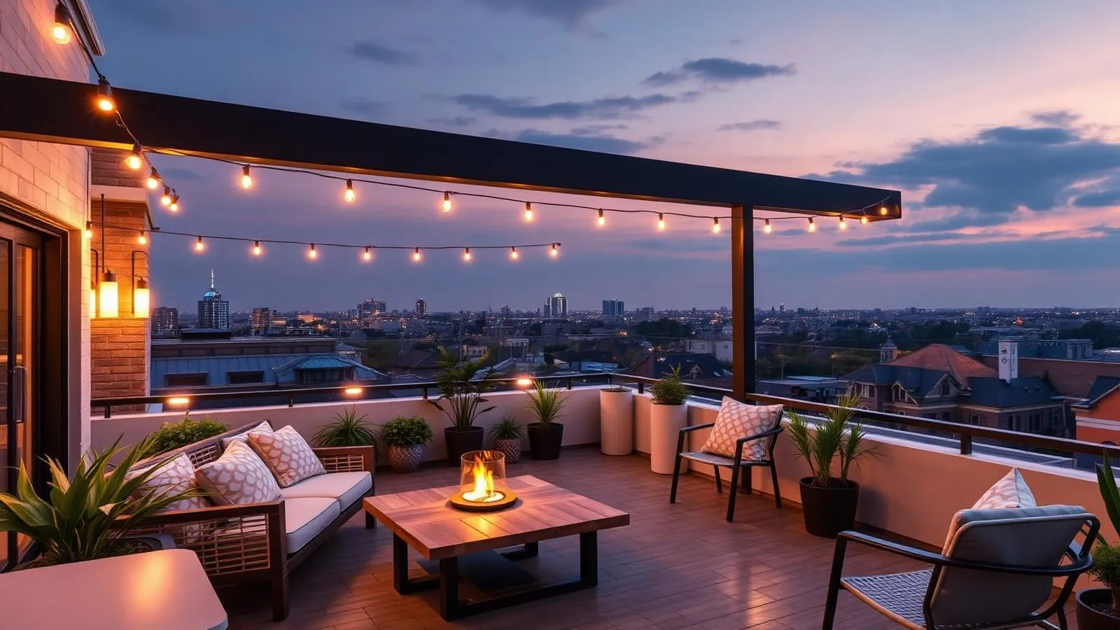 Rooftop terrace with string lights at Shukarana Stays