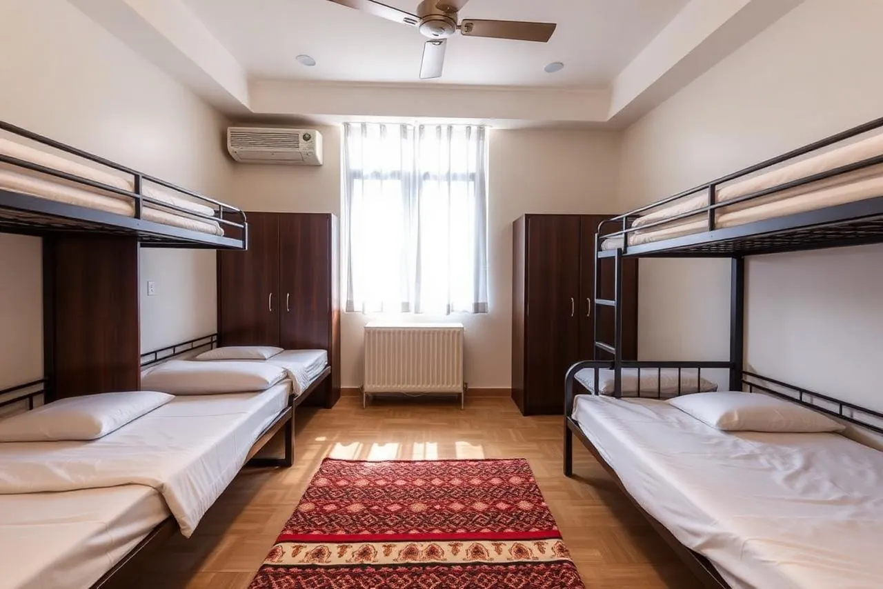Triple sharing room with three neat single beds and storage lockers