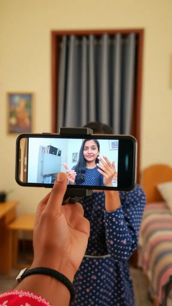 Resident Sneha filming a room tour on her phone