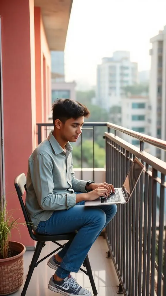 Resident working on a laptop on the balcony